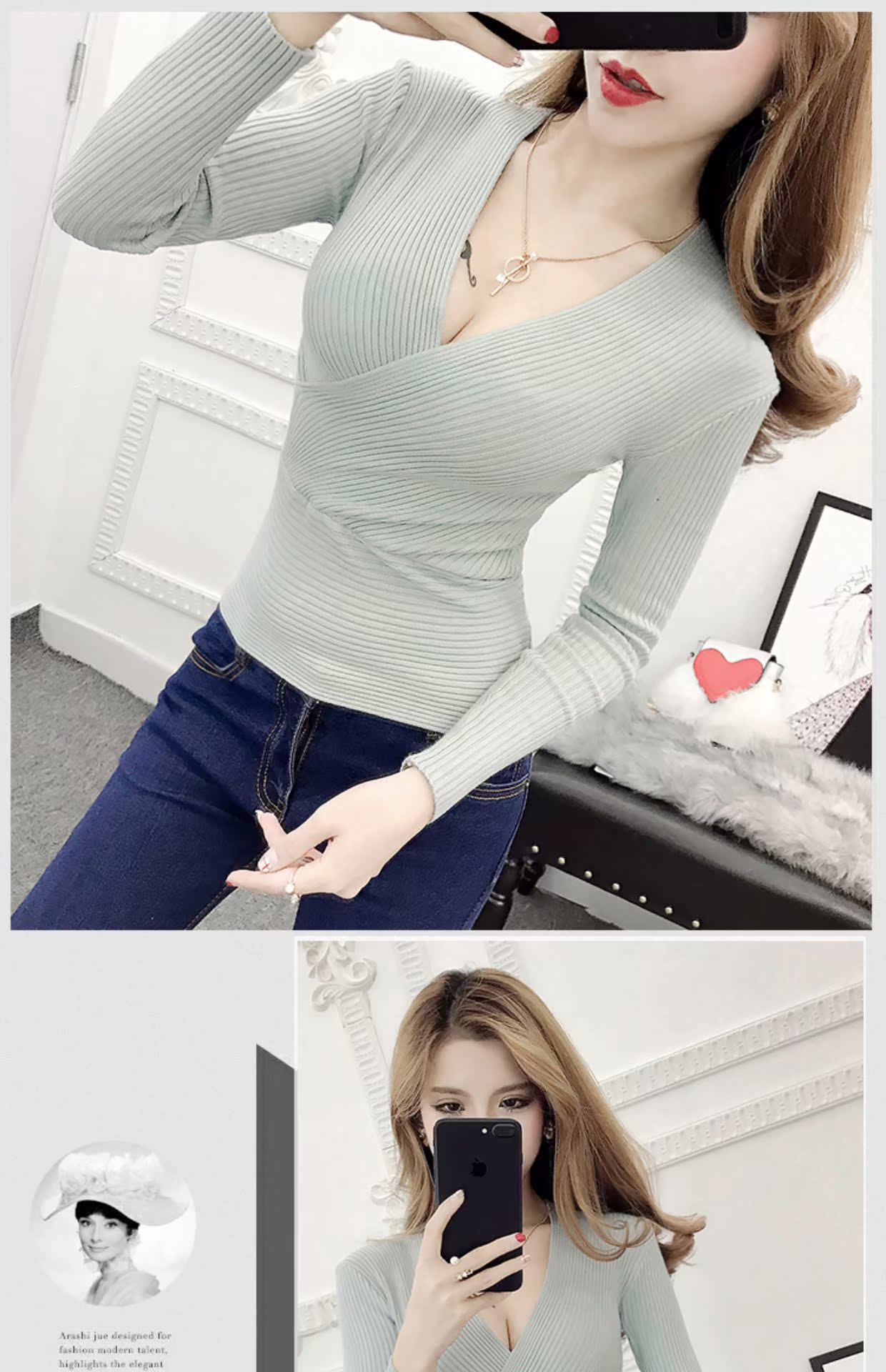Áo len đáy lọ xuân hè 2018 kiểu dáng mới thời trang Đầm suông cổ thấp hoang dã cổ chữ V dài tay áo len nữ mùa thu ao len nu