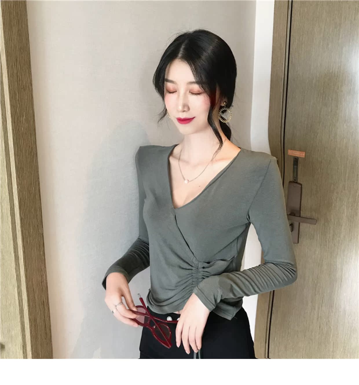 Mất nhà dây rút v cổ áo quần áo nữ mới 2018 mùa thu không đều gợi cảm rò rỉ áo thun dài tay áo phông nữ chất đẹp