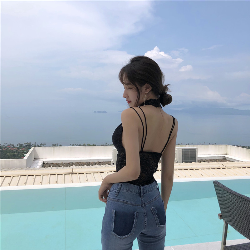 Quần áo sống yếm trắng nữ mùa hè ngắn gợi cảm treo cổ ren đáy neo áo kiểu nữ