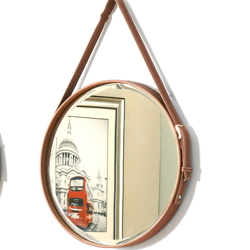 Northern European wall with bathroom mirror hotel bathroom toilet round waterproof belt makeup mirror living room leather decoration mirror