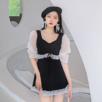 Swimsuit female summer conservative cover belly thin black conjoined student girl fairy air mid-sleeve sunscreen 2021 New Seaside