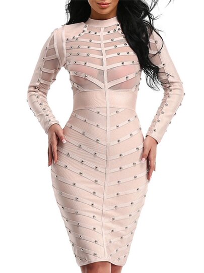 2024 Autumn and Winter European and American Sexy Round Neck Spliced ​​Mesh Perspective Beaded Long Sleeve Arm Bandage Dress Dress for Women