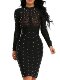 2024 Autumn and Winter European and American Sexy Round Neck Spliced ​​Mesh Perspective Beaded Long Sleeve Arm Bandage Dress Dress for Women