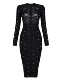 2024 Autumn and Winter European and American Sexy Round Neck Spliced ​​Mesh Perspective Beaded Long Sleeve Arm Bandage Dress Dress for Women