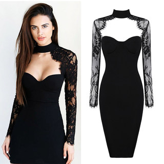 2025 Spring/Summer New European and American Fashion Sexy Halter Neck Hollow Lace Long Sleeve Party Bandage Dress for Women