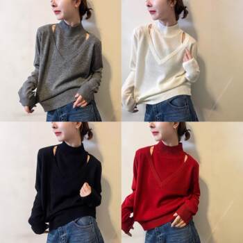 Fake Two-Piece High-Neck Wool Knit Sweater for Women, European Style 2025 Winter New Fashion European Women's Sweater Base Layer Trendy
