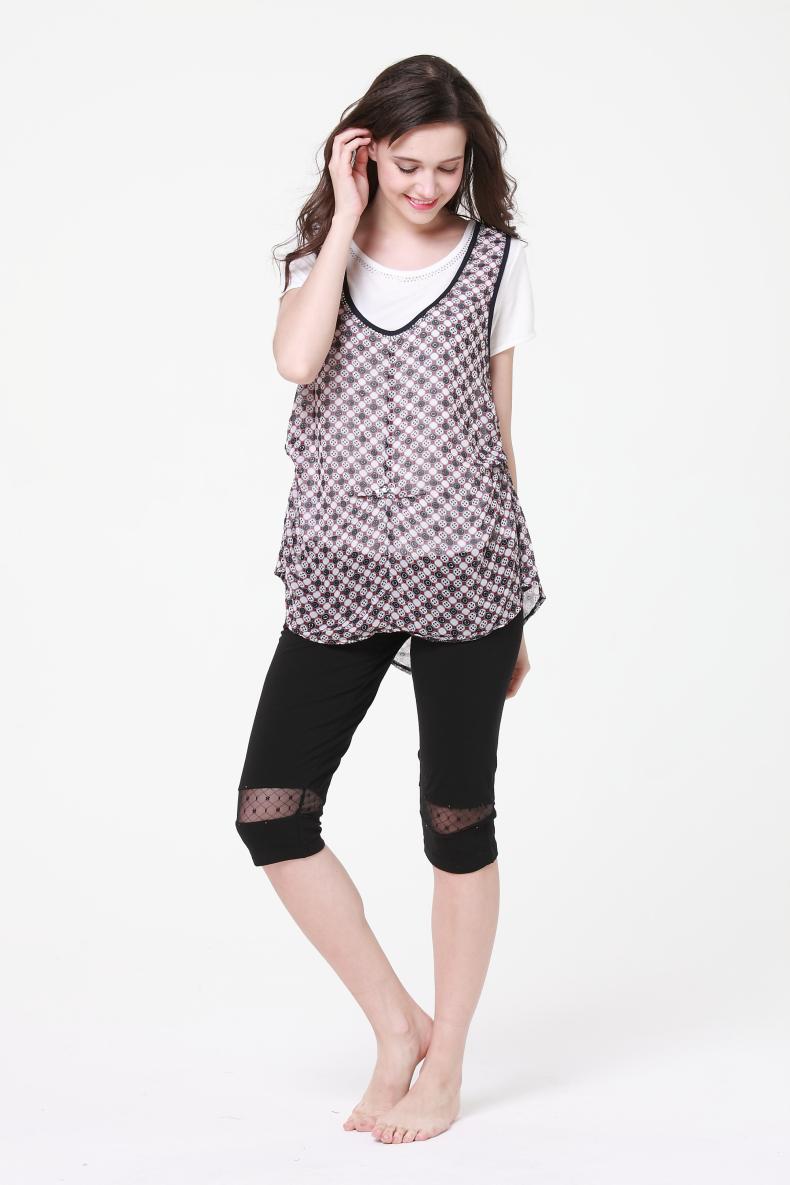 Đồ ngủ nữ mới Fu Nilai dịch vụ tại nhà mùa hè ngắn tay phù hợp với phụ nữ cotton Lycra cổ tròn cắt quần pyjama pijama lụa