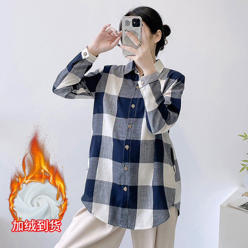 Winter plus suede thickened pregnant woman shirt large plaid loose large code blouse blouse autumn winter Korean version gestation maternity dress undershirt-Taobao