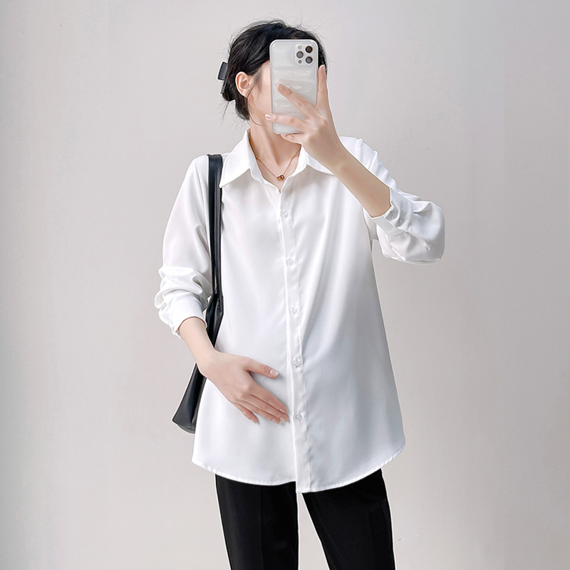 2026 Spring White Korean-Style Maternity Shirt Loose Professional Shirt Spring and Autumn Maternity Wear Fashionable Long-Sleeved Top