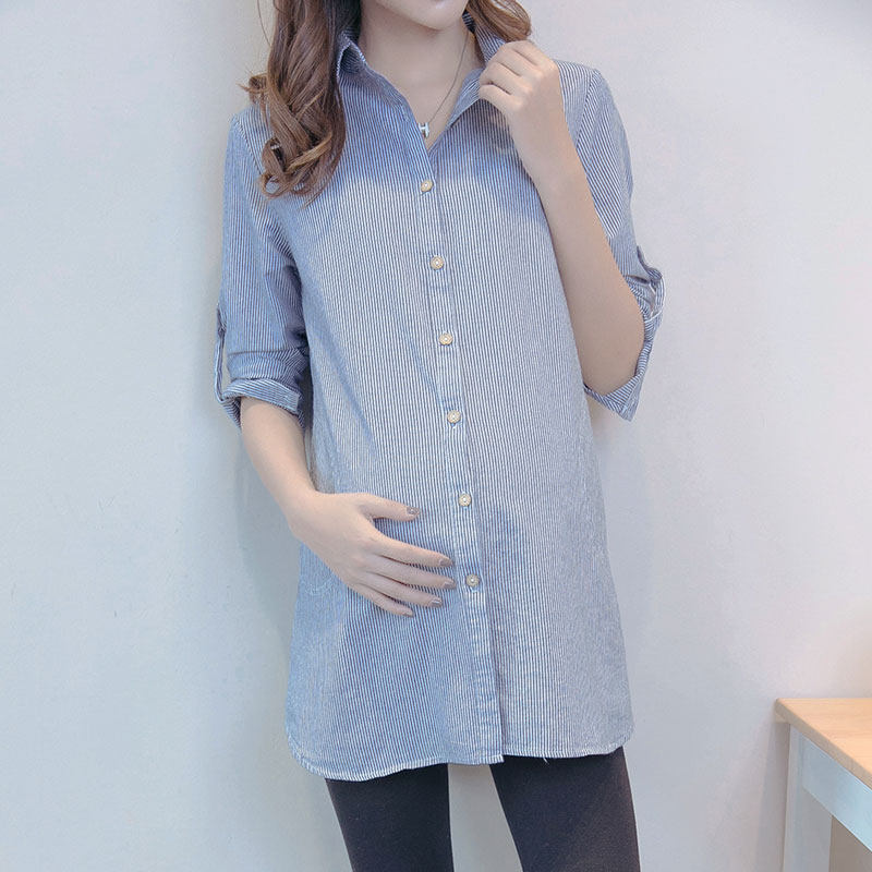 2022 Autumn Dress New Professional Spring Autumn Dress Striped Pregnant Women's Shirt With Long Version Of Undercoat Shirt Gestation Blouse