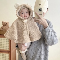 Baby autumn and winter shawl baby bear plus velvet warm coat hooded thickened cloak cute outdoor cloak