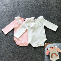 Han Edition Spring Autumn Season Female Baby Long Sleeve Lotus Leaf Collar Pack Farting full cotton baby Lieven body Harvest 100 hitch bottom climbing suit