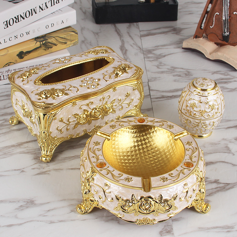 European-style Paper Towel Box Three Sets Living Room Toilet Paper Box Light Extravagant High-end Home Creative Cigarette Ashtray Toothpick Cylinder Press-type