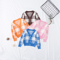 Spring and Autumn Cotton Candy Color British Plaid Knitted Cardigan Single-breasted Male and Female Childrens Infant Wool Coat