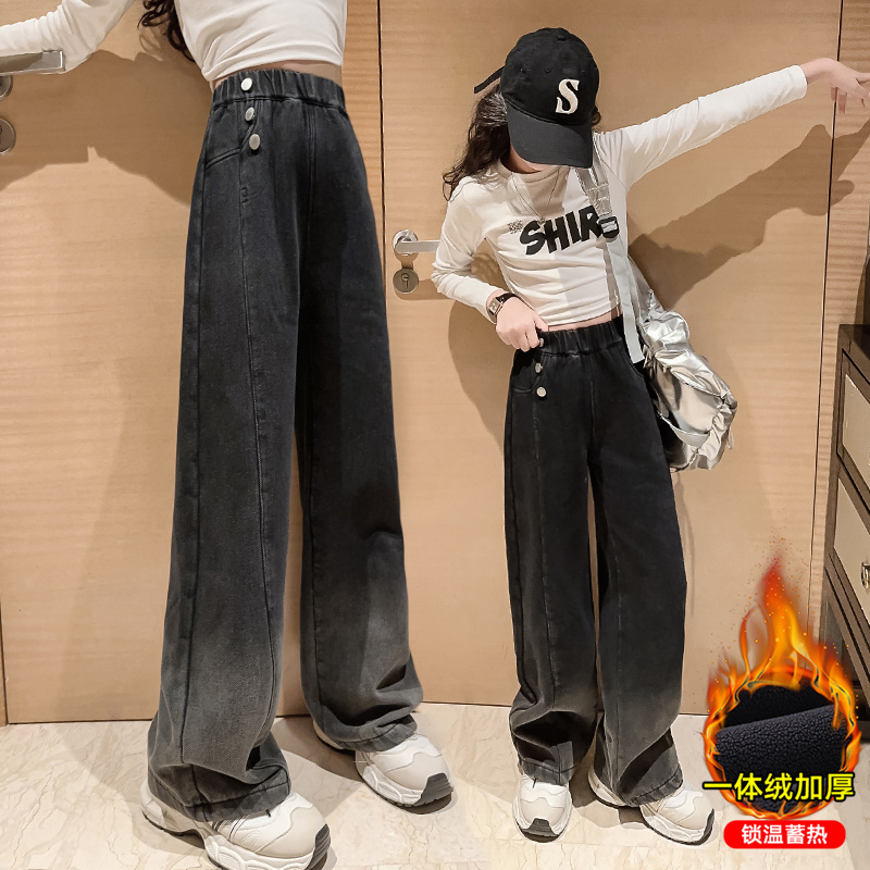 Girl Plus Suede Jeans Autumn Winter Loose Broadlegged Pants 2023 New Female Big Boy Winter Clothing Integrated Suede Straight Drum Pants-Taobao