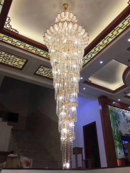 European-Style Villa Duplex with Spiral Staircase, Long Chandelier, Grand Golden Double-Height Crystal Chandelier Lighting Fixtures