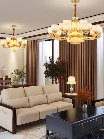 New Chinese-Style Living Room All-Copper Chandelier with Natural Jade for Dining Room, Bedroom, Study, Villa, Duplex, High-End Lighting Fixtures