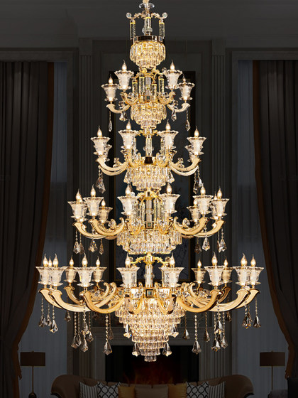 Villa Duplex Living Room All-Copper Crystal Chandelier French Light Luxury Dining Room Bedroom Grand Self-Built House Golden Lighting Fixtures