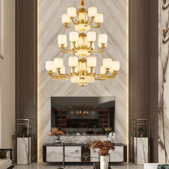 New Chinese-Style All-Copper Jade Living Room Chandelier, Villa Duplex Large Chandelier, New Model, Grand Jade Retro Large Lighting Fixture