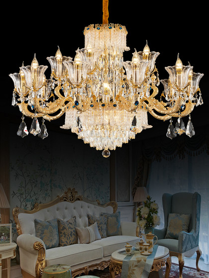 All-Copper Living Room Crystal Chandelier, European-Style Villa Mezzanine Dining Room Master Bedroom Light Luxury French Duplex Large Chandelier