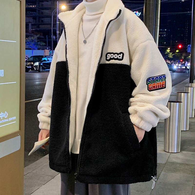 Fleece-Lined Thickened Jacket for Men, Stand Collar, Loose Fit, Fashionable, Plus Size, Lamb Wool, Youth, Large Size, Cotton Coat for Big and Tall Individuals