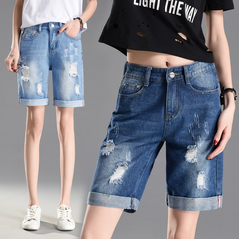 Ripped Denim Shorts for Women, Summer Loose Straight-Leg Bf Style Cuffed Mid-Length Pants, Slim Fit, Plus Size, Trendy Quarter-Length Shorts