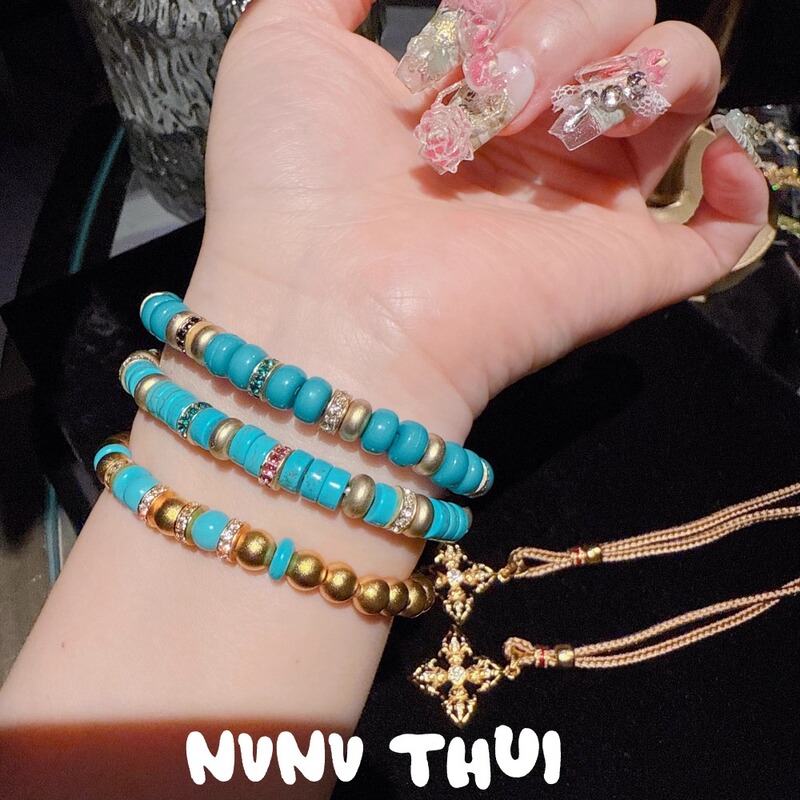 Jewelry Turquoise Bracelet Gold-Plated Dreamy Sea-Patterned Stone Blue Turquoise Small Waist Bracelet Stackable Blue Flower Goddess