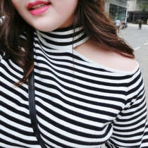  Sugar sugar plus size womens clothing fashion addiction autumn new Korean loose striped off-the-shoulder top fat mm sweater women 9742