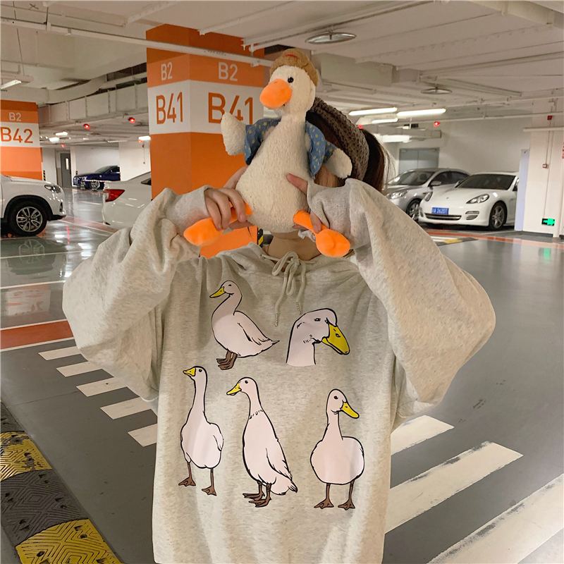 VK旗艦店 韓國學院風動物紋印花連帽套頭單品長袖上衣