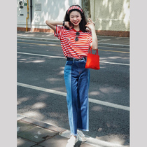 Small sub-denim broadlegged pants summer dress female summer net red playful and lively reduced-age casual T-shirt can salt two suits