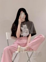 Small sub-reduced-age T-shirt wide-legged pants suit Womens summer fried street net red bursting with high level Fashion summer clothing two sets