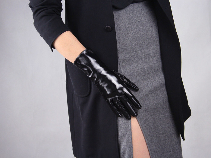 Tech Gloves Faux Patent Leather Wrist Long Short Coffee Black White Touchscreen 28cm LLDLLNT