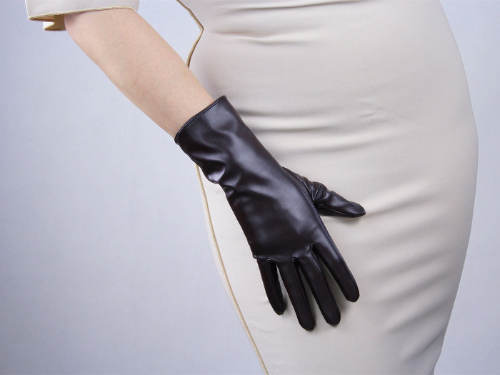 Tech Gloves Faux Patent Leather Wrist Long Short Coffee Black White Touchscreen 28cm LLDLLNT