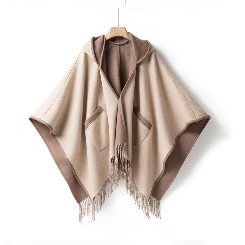Inner Mongolia Women's Pure Wool Double-Sided Fringed Hooded Cape Shawl Export Double-Sided Solid Color U-Shaped Scarf
