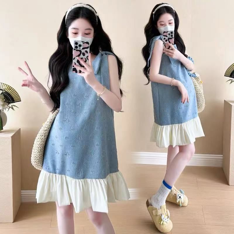 French Jacquard Lace-Up Bow Maternity Dress for Women in Summer, Pure and Elegant Style, High-End Sleeveless Short Dress for Pregnant Mothers French Jacquard Lace-Up Bow Maternity Dress for Women in Summer, Pure and Elegant Style, High-End Sleeveless Short Dress for Pregnant Mothers