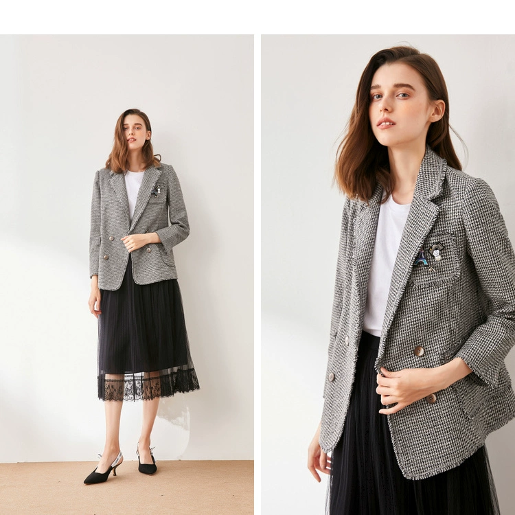 Qiu Shui Yiren 2019 mùa thu mới của phụ nữ houndstooth phù hợp với cổ áo trâm cài thẳng phù hợp với áo khoác