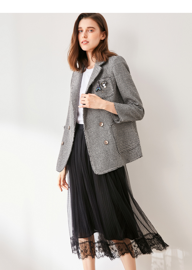 Qiu Shui Yiren 2019 mùa thu mới của phụ nữ houndstooth phù hợp với cổ áo trâm cài thẳng phù hợp với áo khoác áo khoác bomber nữ