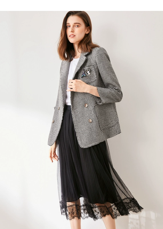 Qiu Shui Yiren 2019 mùa thu mới của phụ nữ houndstooth phù hợp với cổ áo trâm cài thẳng phù hợp với áo khoác