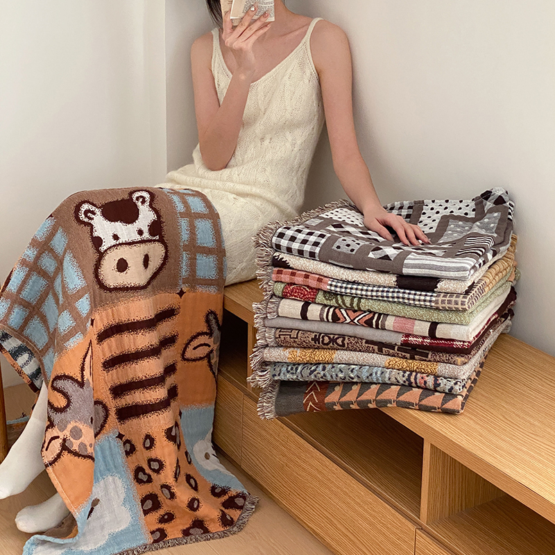 Bohemian Style Pure Cotton Gauze Shawl Blanket, All-Cotton Bath Towel, Travel Blanket, Tassel Sofa Cover Blanket, Nap Blanket