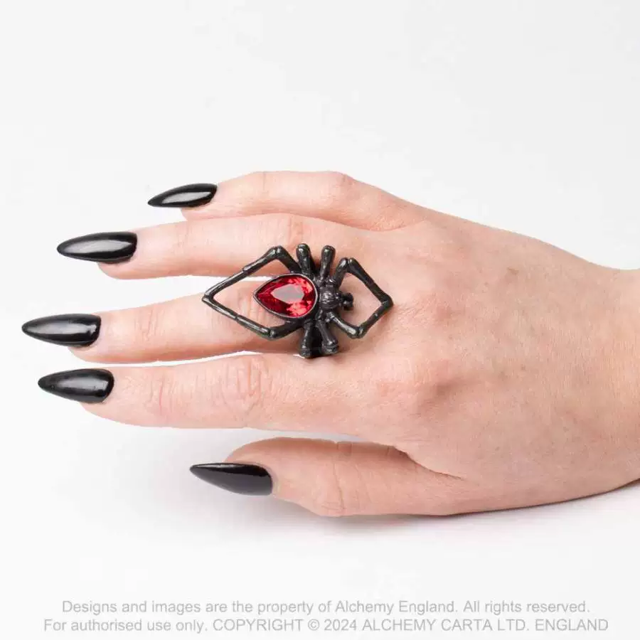 Британский бренд A Alchemy Gothic R222B Чёрная вдова Чёрная вдова красный кристалл паук кольцо