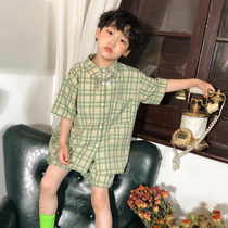 Pear vortex home original male and female children plaid shirt summer suit children 2021 New Net red Korean version of foreign gas