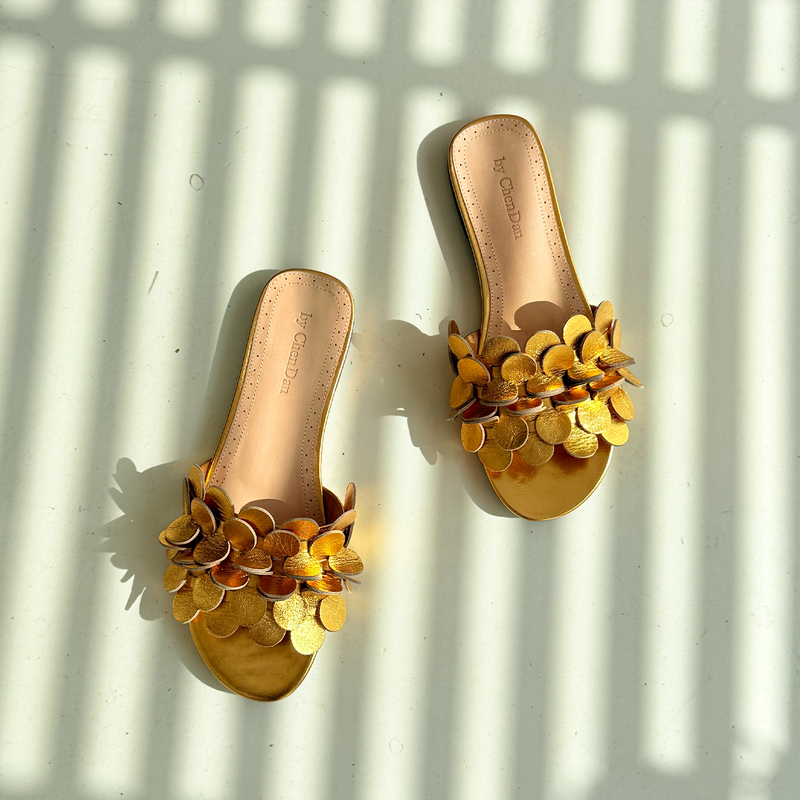 [New on June 12Th] Gold Coin Slippers, Genuine Leather, Sweat-Absorbent, Beach Vacation, Seaside, Chendan Chen Dan Women's Shoes