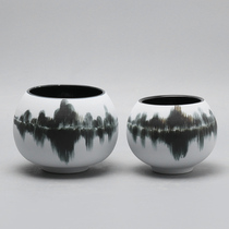 New Chinese ink painting ceramic vase model room living room ornaments gray and white Chinese style big mouth Flower Bowl flower arrangement flower flower arrangement