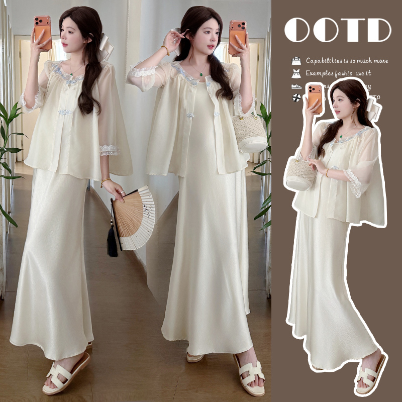 Maternity Acetate Satin Dress Set 2026 New Chinese Style National Style Button-Up Blouse Layered with High-End Suspender Skirt