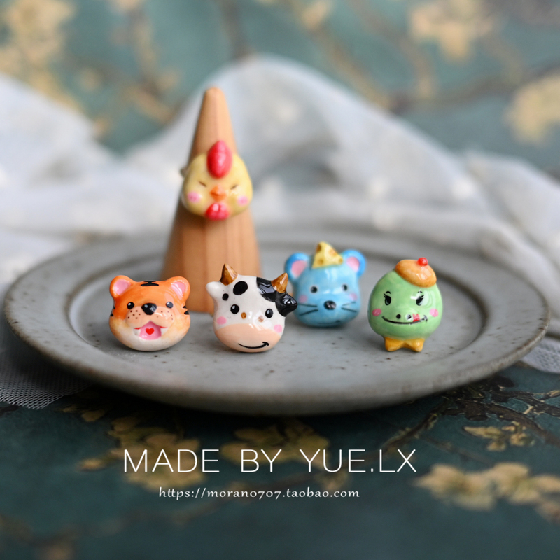 Yuelx Original Handmade Clay Open Ring with Twelve Zodiac Animals: Tiger, Ox, Rooster, Rat, Snake, Cute Birthday Gift