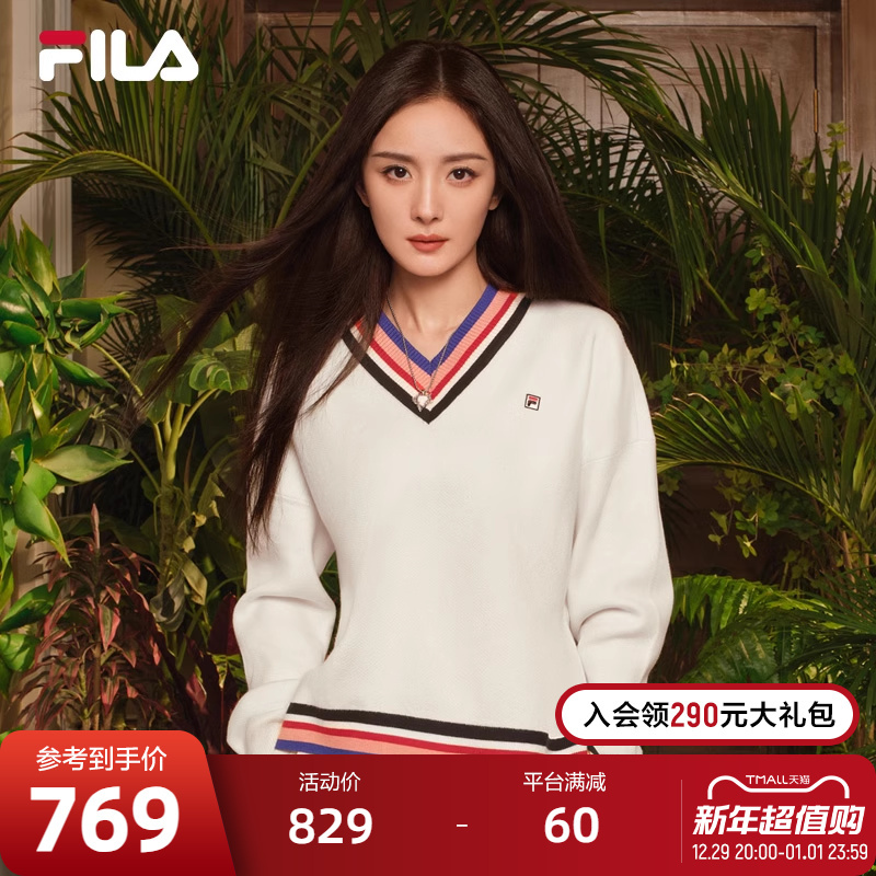 [Same Style as Yang Mi] Fila Official Women's Knitted Sweater 2024 Spring New Style with Tassels at the Hem, Comfortable V-Neck Sweater