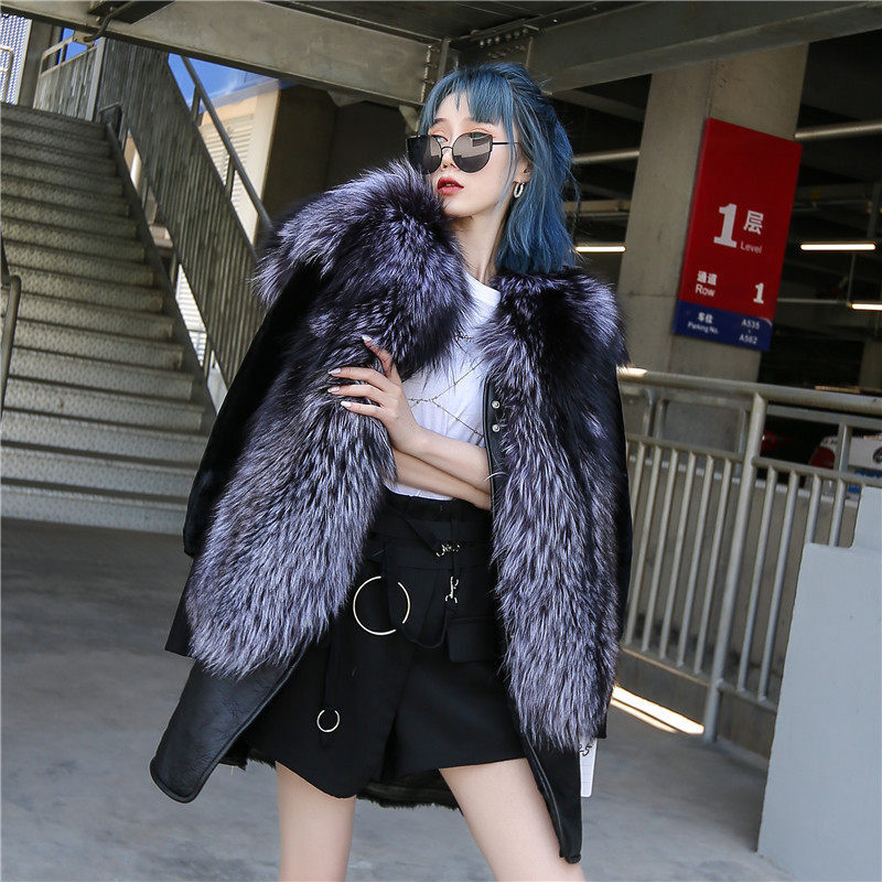 Henin large size leather fur integrated coat female medium long version genuine leather accessories silver fox large coat Korean version of lean lamb fur grass