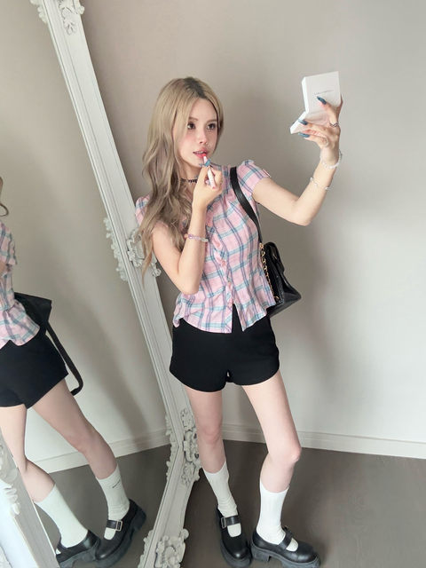 Mungsera's Original Retro Plaid Cinched Waist Slim-Fit Shirt Plaid Short-Sleeve Shirt