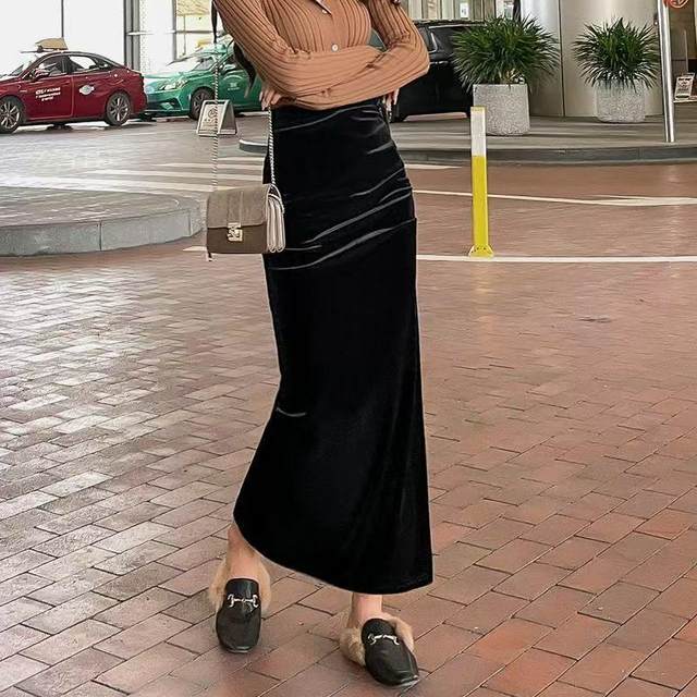 Black slim high waist straight long skirt