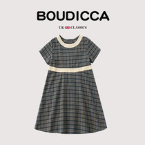 British BOUTICCA childrens clothing summer girls retro literary round neck plaid stitching short-sleeved childrens dress